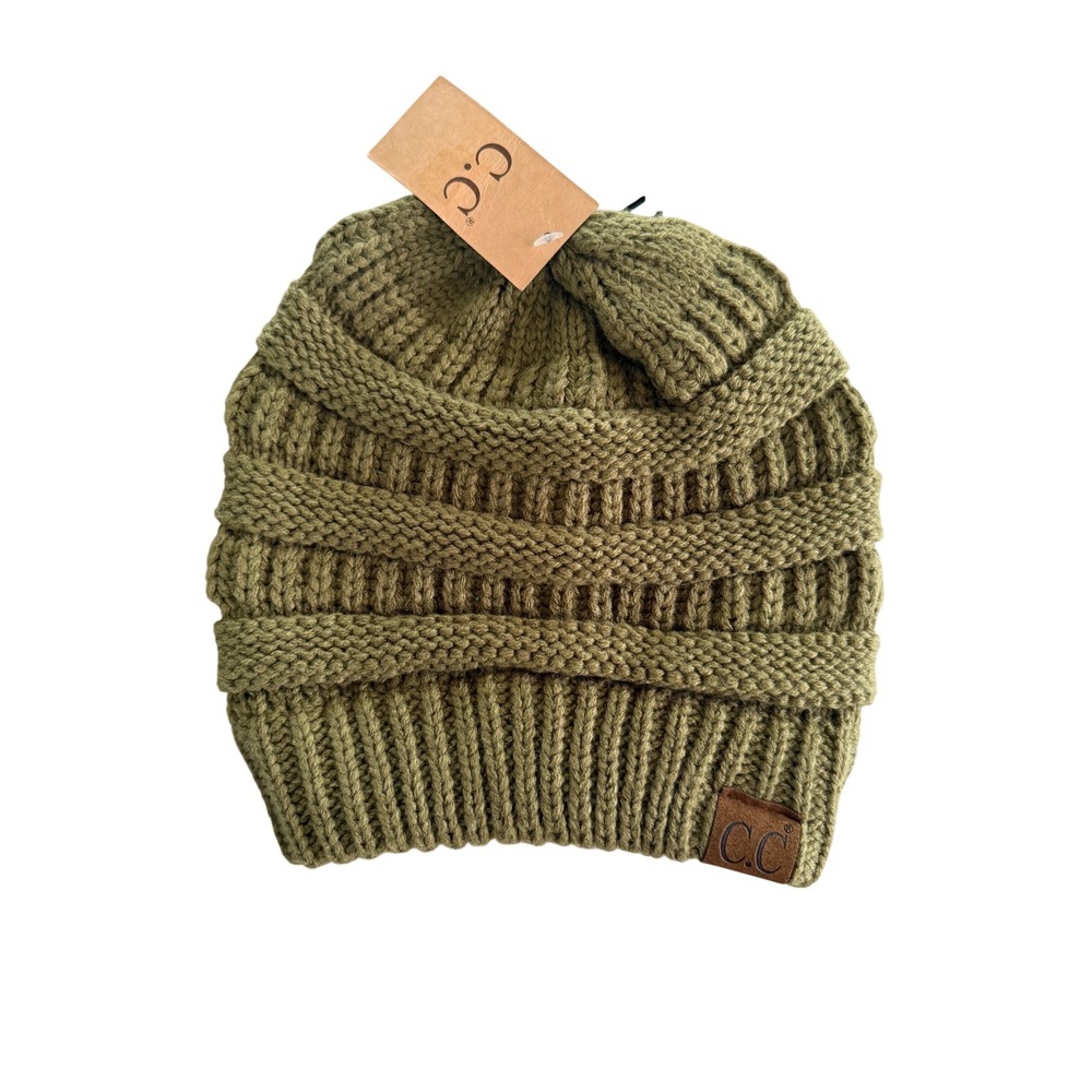 C.C Beanie Women Olive Green Cable Knit Slouchy Winter Hat Logo Patch NEW